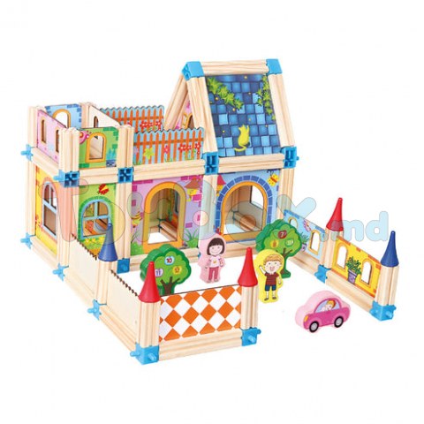 Bino 70352 Set de construit din lemn, Castel mediu, 128 piese