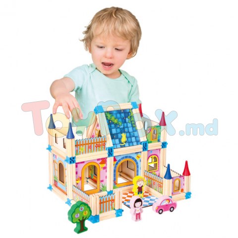 Bino 70352 Set de construit din lemn, Castel mediu, 128 piese