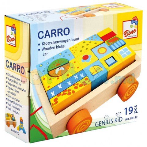 Bino 80152 Деревянная тележка с веревками и строительными блоками, 19 штук