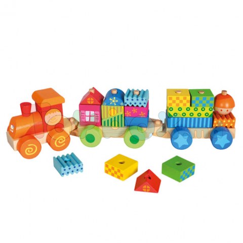 Bino 82142 Tren din lemn cu vagoane, Casute, 21 piese