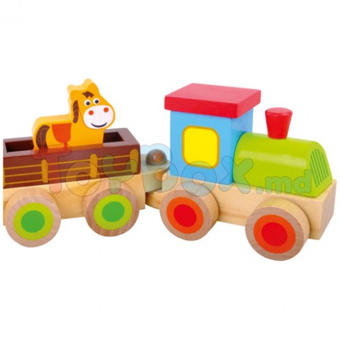Bino 82143 Tren din lemn cu vagoane, Ferma, 8 piese
