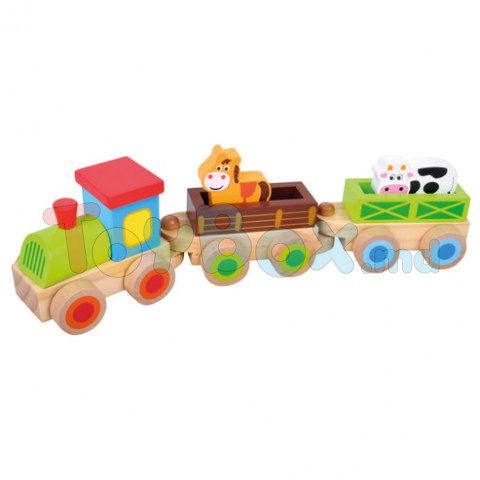 Bino 82143 Tren din lemn cu vagoane, Ferma, 8 piese