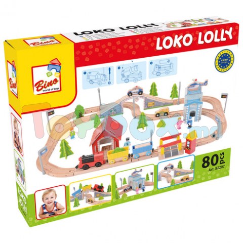 Bino 82207 Set Cale ferata-Traseu din lemn, 80 piese