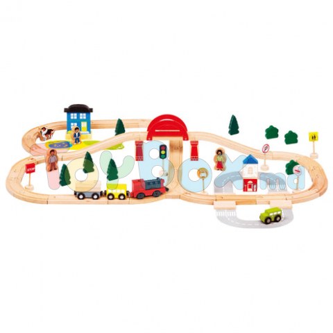 Bino 82208 Set Cale ferata-Traseu din lemn, 70 piese
