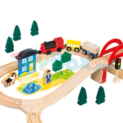 Bino 82208 Set Cale ferata-Traseu din lemn, 70 piese