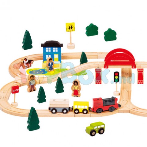 Bino 82208 Set Cale ferata-Traseu din lemn, 70 piese