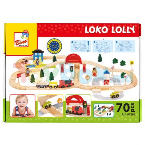 Bino 82208 Set Cale ferata-Traseu din lemn, 70 piese