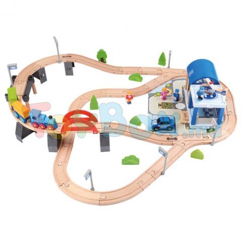 Bino 82262 Set Cale ferata-Traseu din lemn cu pod 90, piese